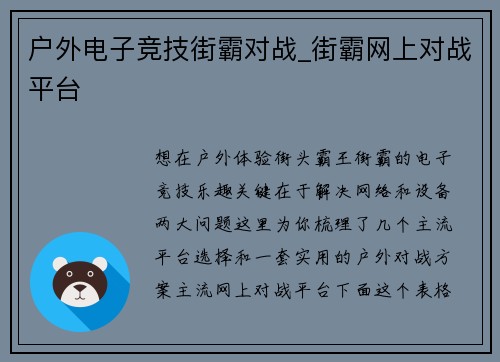 户外电子竞技街霸对战_街霸网上对战平台